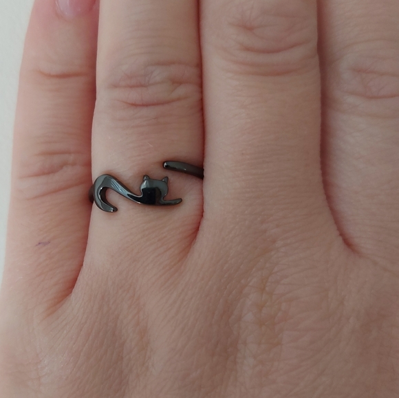 925 Sterling Silver Black Gold Plated Cat Adjustable Ring - Picture 3 of 8